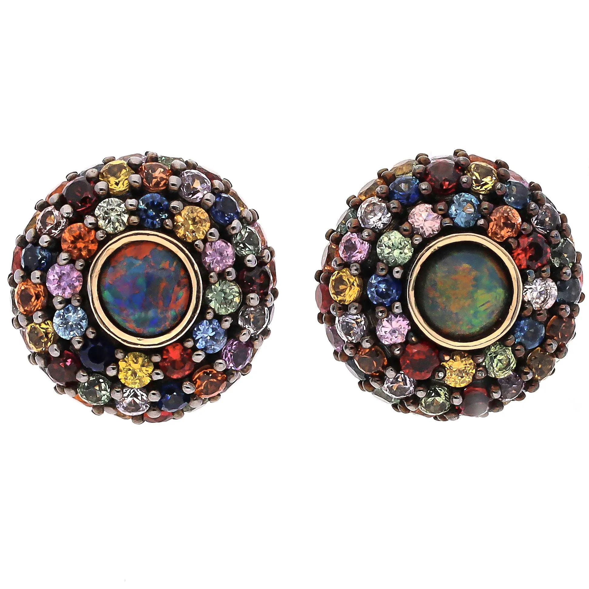 14K Black Rhodium Yellow Gold Black Opal and Multi-Colored Sapphire Custom Design Stud Earrings