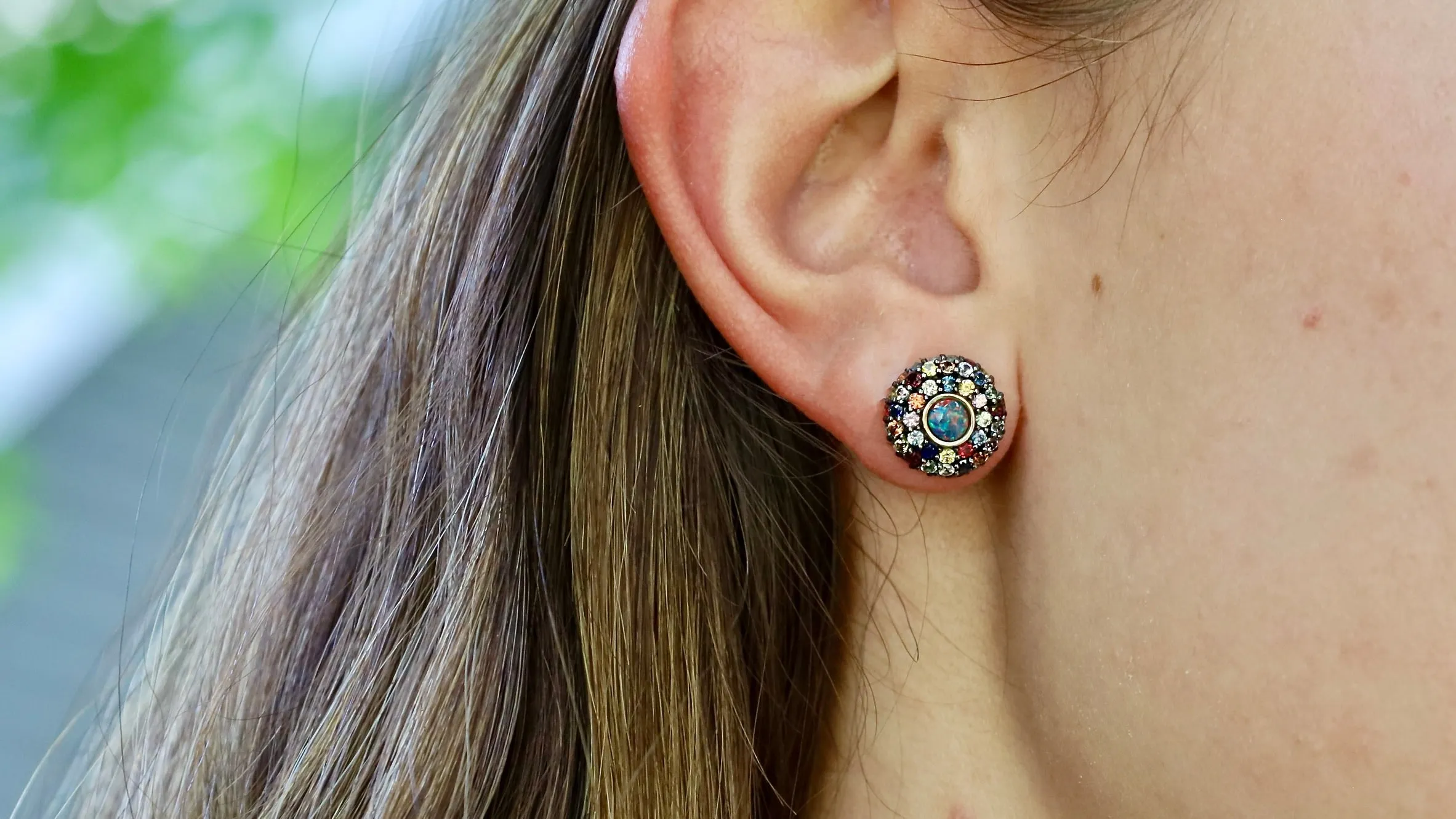 14K Black Rhodium Yellow Gold Black Opal and Multi-Colored Sapphire Custom Design Stud Earrings