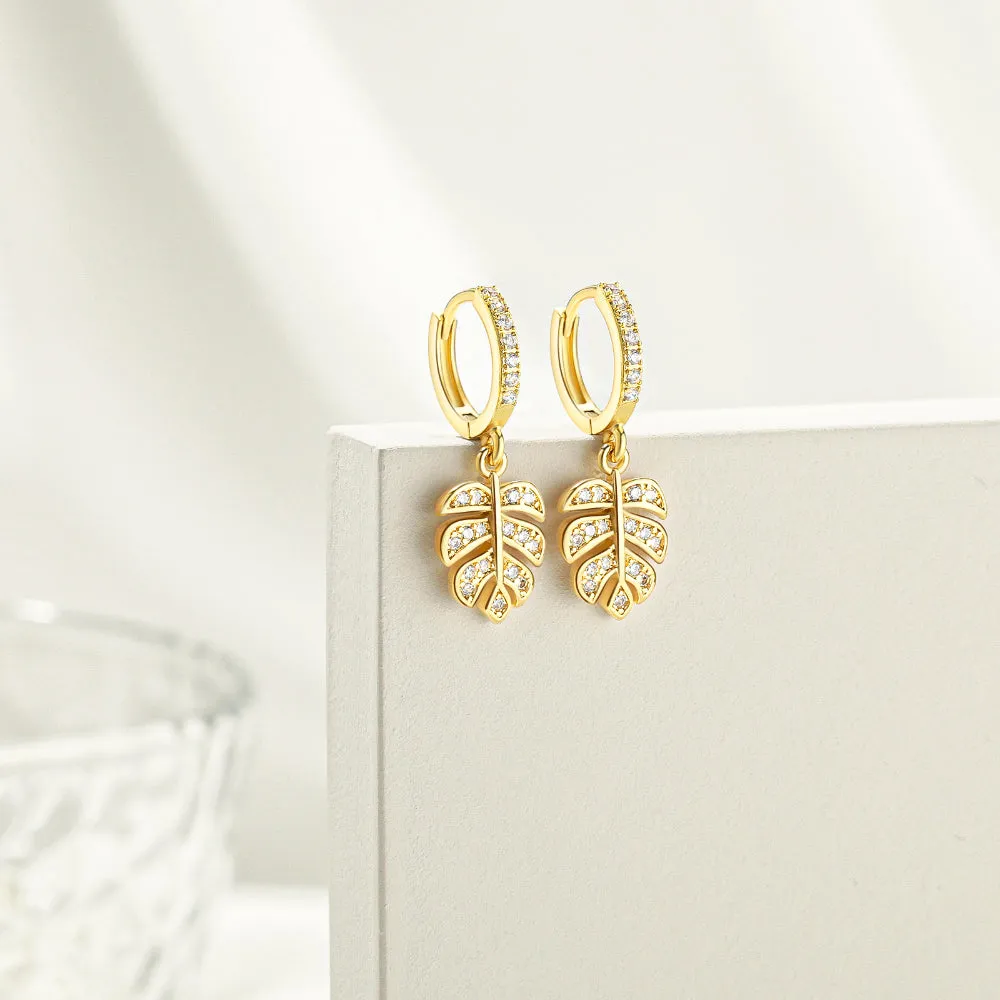 14K Gold Dangle Drop Hoop Earrings for Women Girls- Leaf