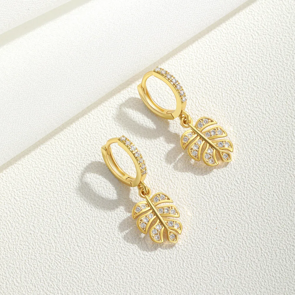 14K Gold Dangle Drop Hoop Earrings for Women Girls- Leaf