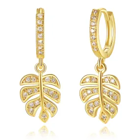 14K Gold Dangle Drop Hoop Earrings for Women Girls- Leaf