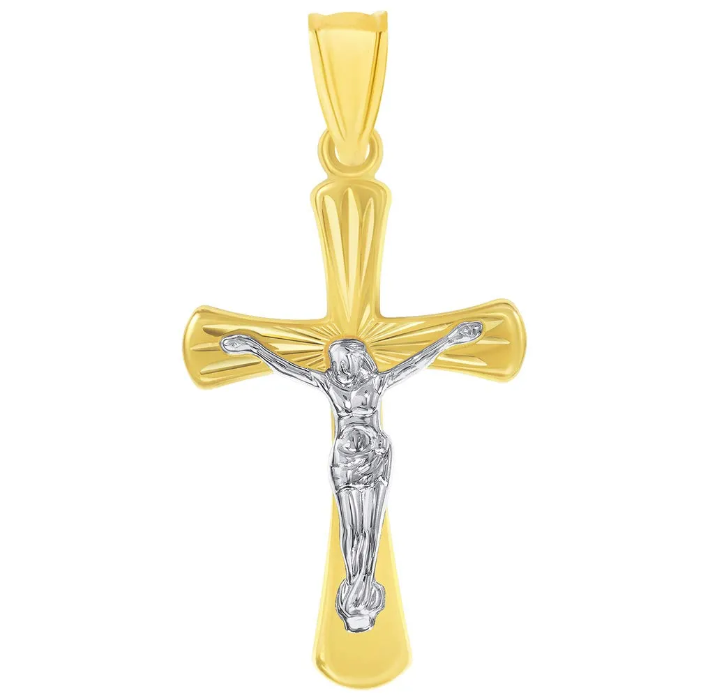 14k Gold High Polished Textured Religious Cross Jesus Crucifix Pendant Necklace - Two-Tone