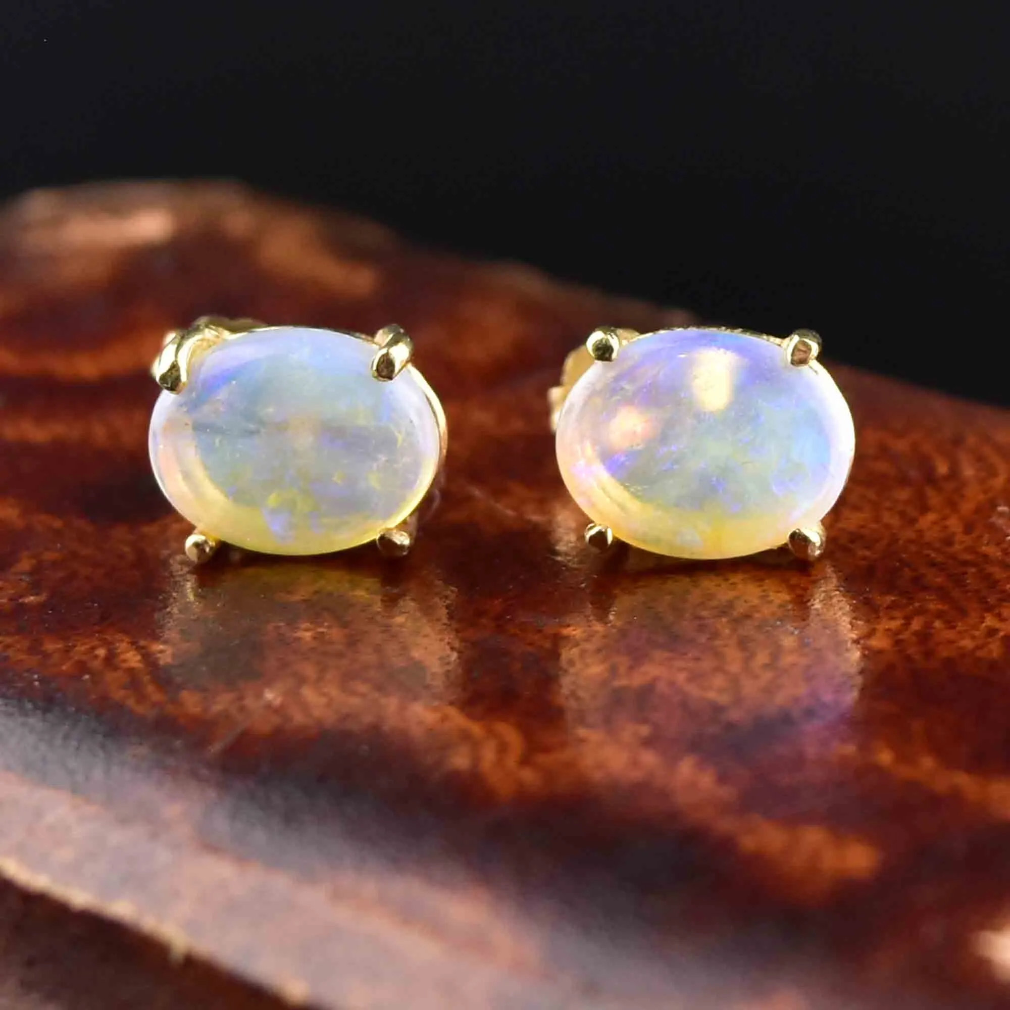 14K Gold Jelly Opal Pierced Stud Earrings