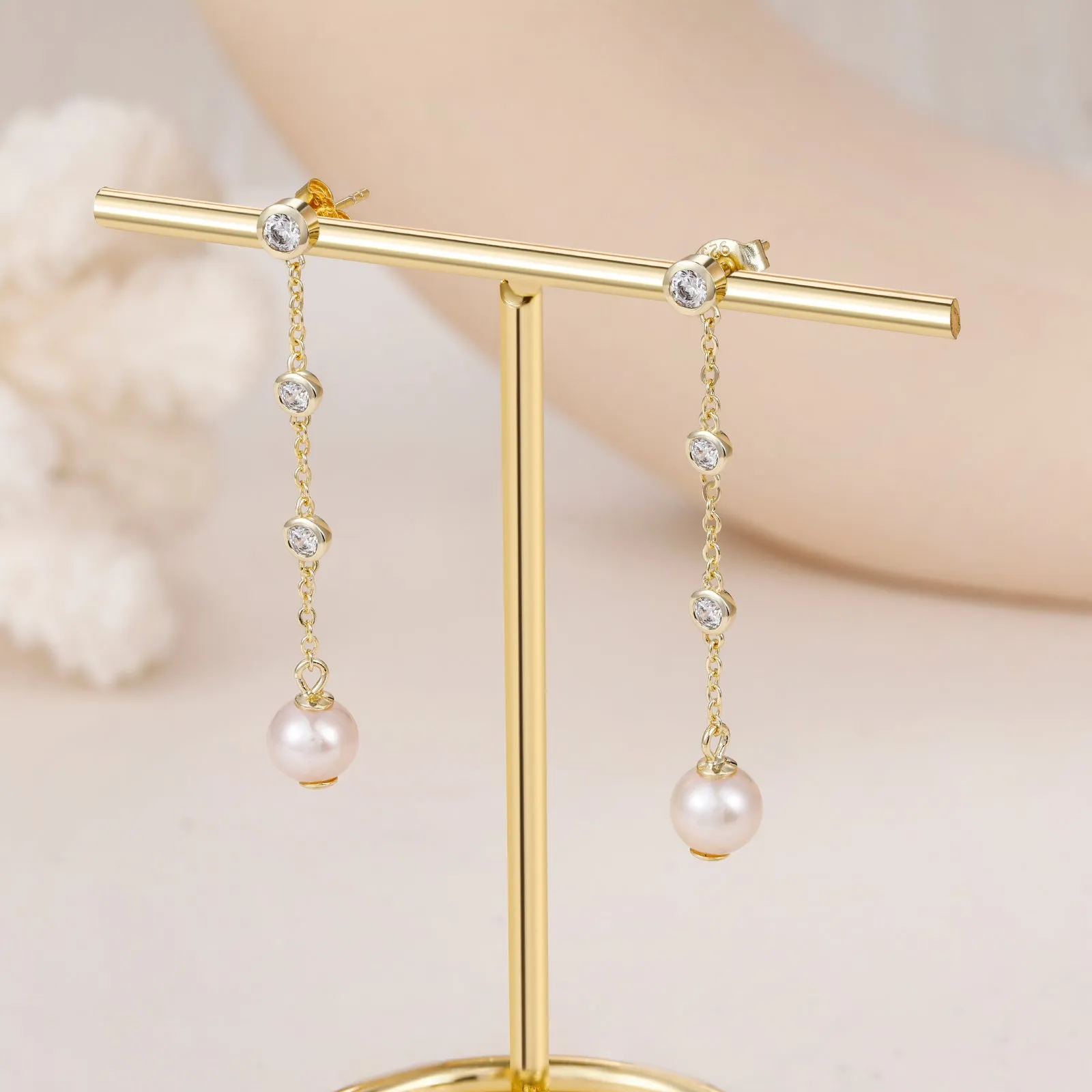 14K Gold Plated Pearl Chain Dangle Earrings