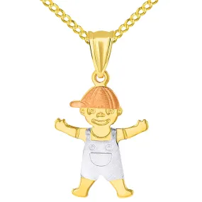 14k Tri Color Gold Little Boy Child Pendant with Cuban Necklace