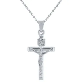 14K White Gold Polished INRI Crucifix Tubular Cross Pendant Necklace