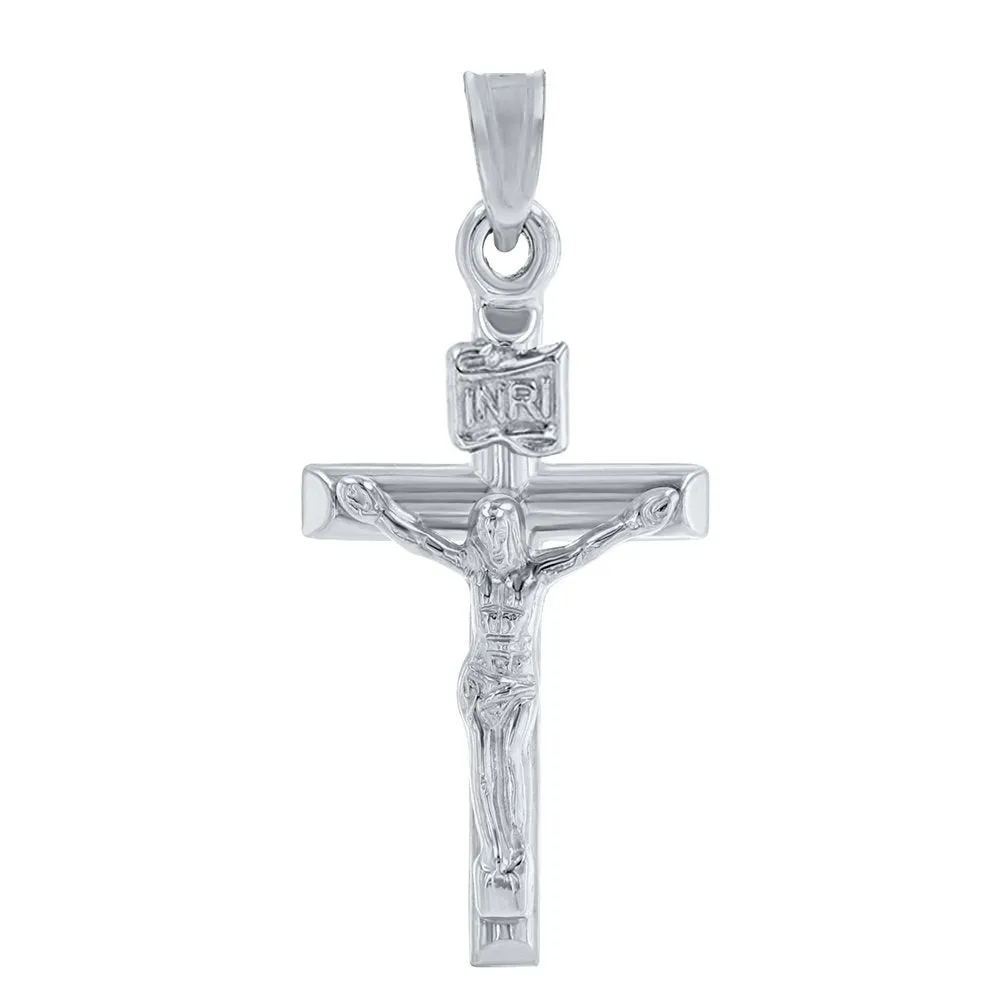 14K White Gold Polished INRI Crucifix Tubular Cross Pendant Necklace