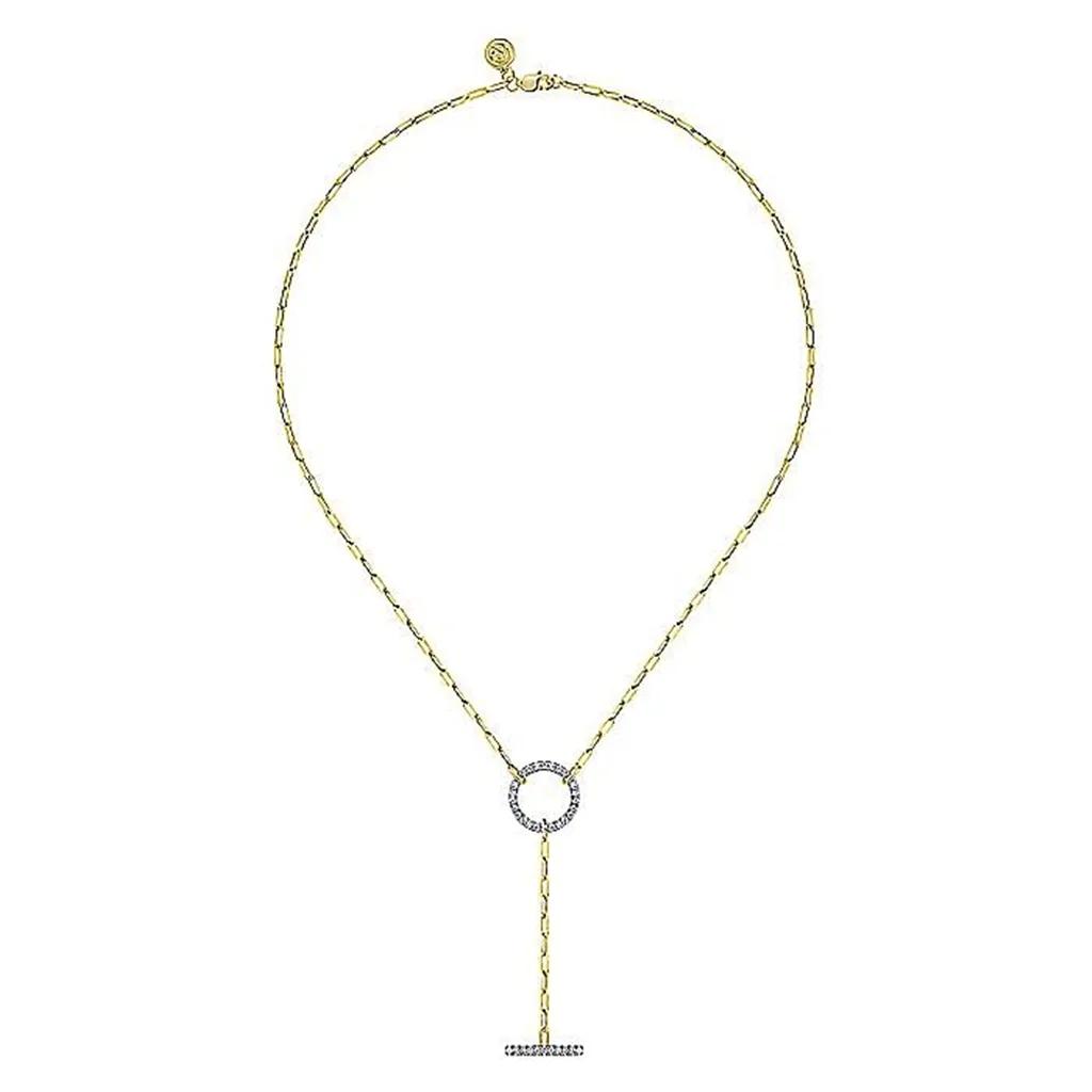 14K Yellow Gold Diamond Circle And Bar Y-Knot Necklace With Paperclip Chain