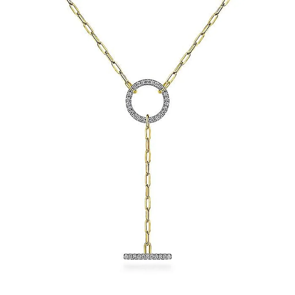 14K Yellow Gold Diamond Circle And Bar Y-Knot Necklace With Paperclip Chain