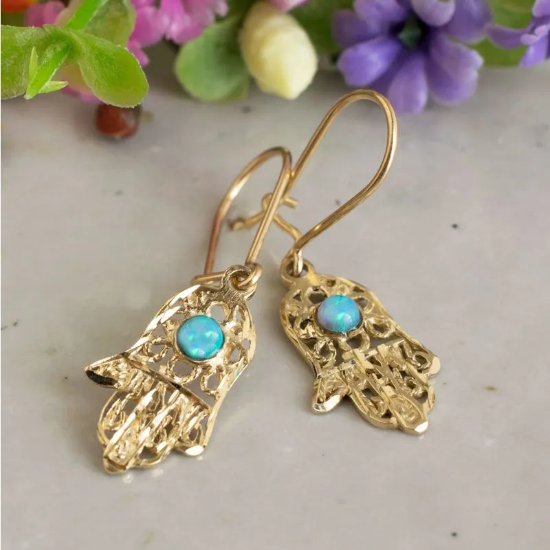 14K Yellow Gold Hamsa Blue Opal 3mm Dangle Earrings