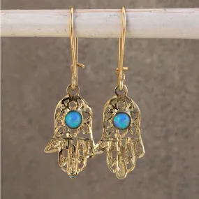 14K Yellow Gold Hamsa Blue Opal 3mm Dangle Earrings