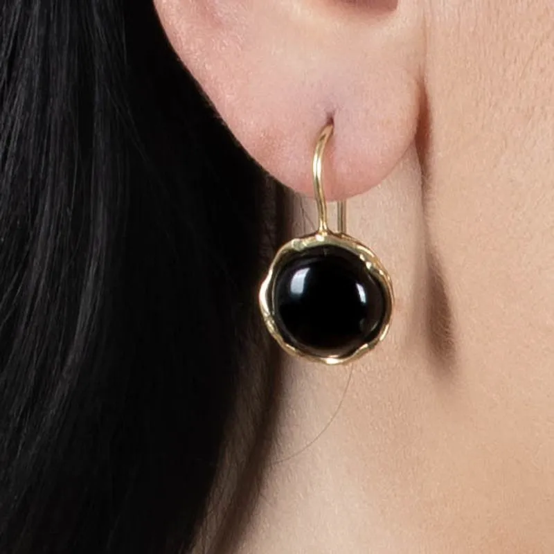 14K Yellow Gold Round Black Onyx 12mm Dangle Earrings