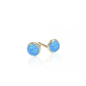 14K Yellow Gold Round Blue Opal 4mm Stud Earrings