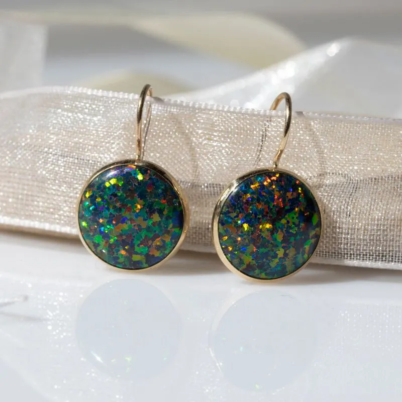 14K Yellow Gold Round Dangle Earrings Inlaid with Black Opal