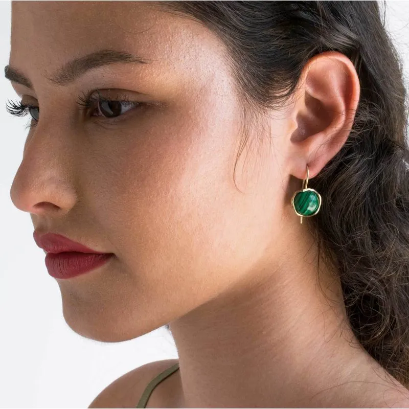 14K Yellow Gold Round Green Malachite 12mm Dangle Earrings