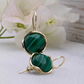 14K Yellow Gold Round Green Malachite 12mm Dangle Earrings