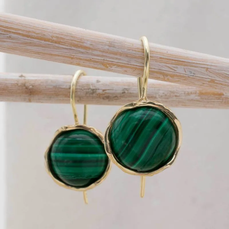 14K Yellow Gold Round Green Malachite 12mm Dangle Earrings