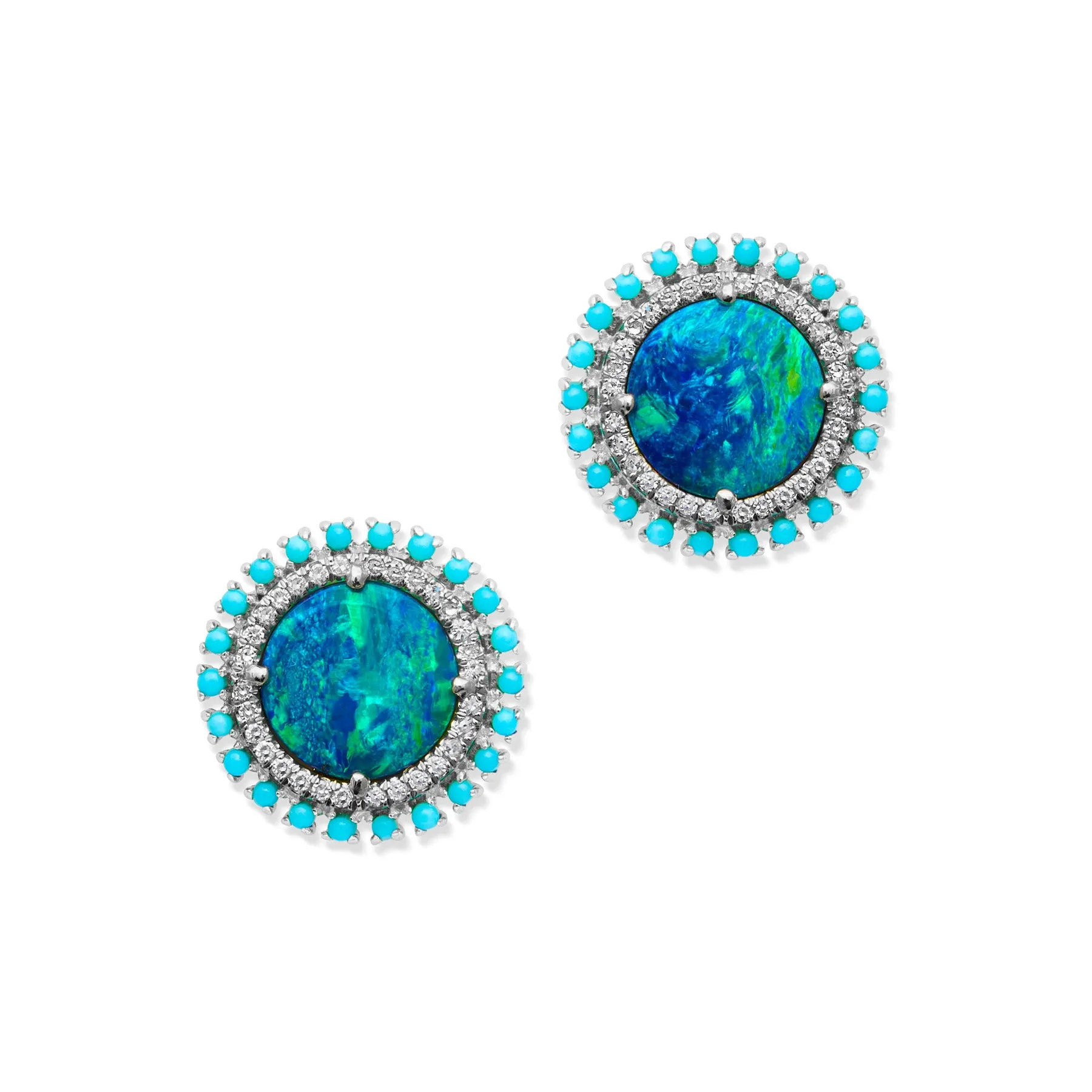 14KT White Gold Opal Turquoise Diamond Kai Stud Earrings