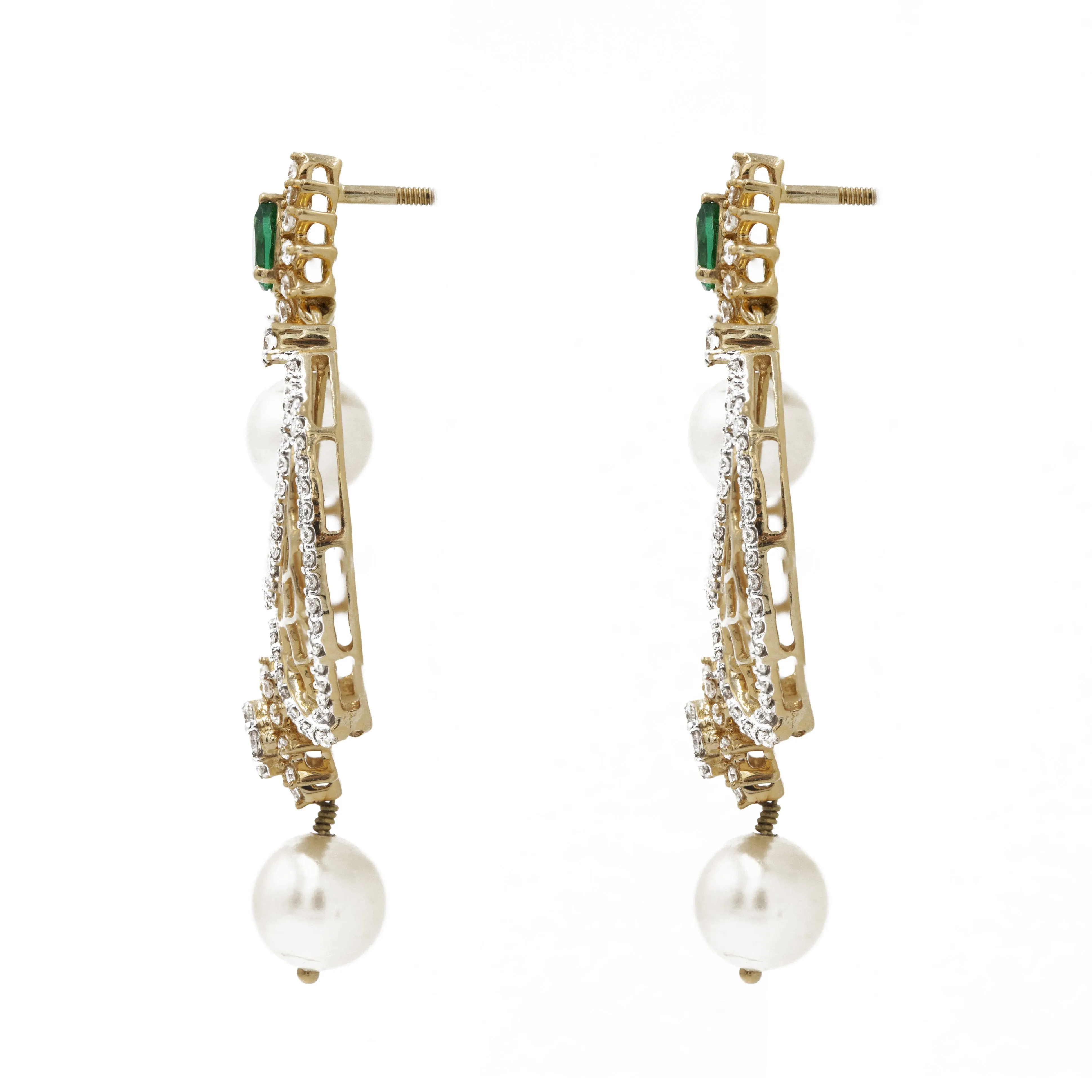 1.82 ct Diamond Drop Earrings Chandbali in 18k yellow gold with Emerald Stone and Pearls