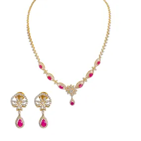 18K  Multi Tone Gold Diamond Necklace & Earrings Set W/ VVS Diamonds, Rubies & Eyelet Chain