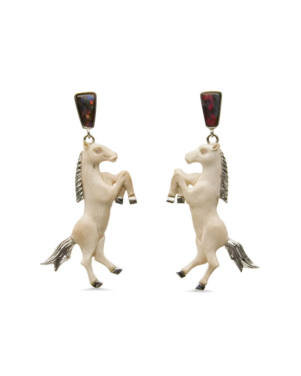 18k White Gold Opal Carved Bone Horses with Diamond Eyes Earrings