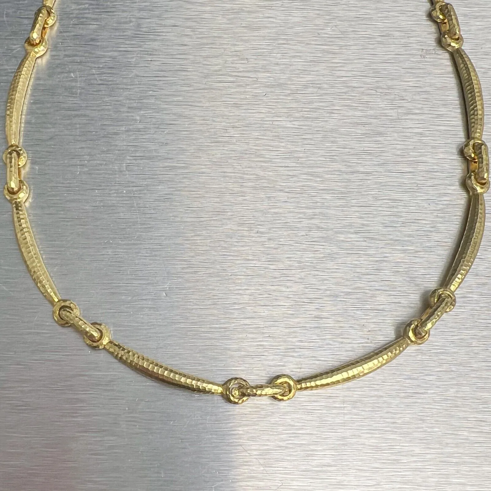 18k Yellow Gold Hammered Bar Link Choker Necklace w/ Extension Link 16" / 18"