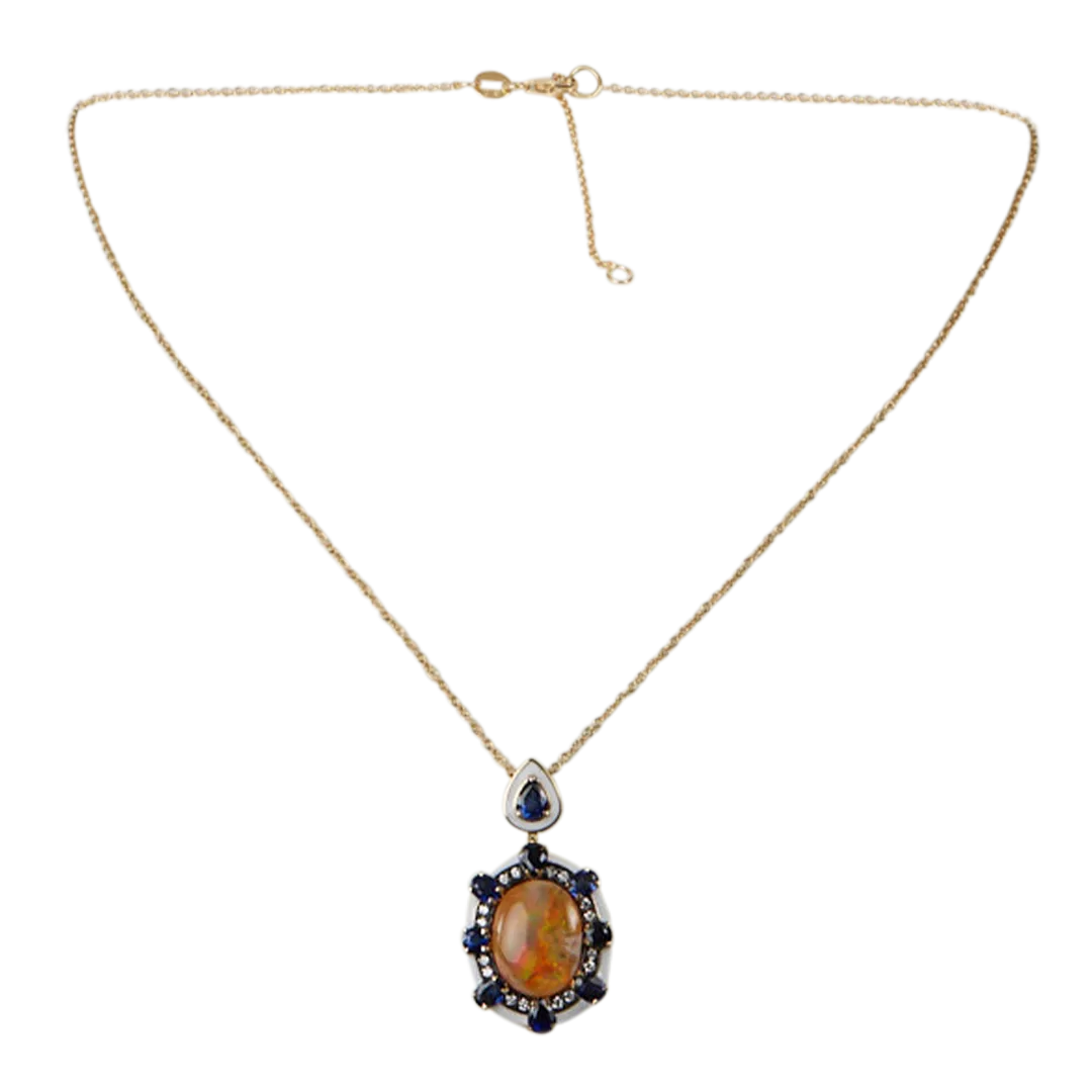 18K Yellow Gold Opal Peach Sapphire Diamond Pendant Necklace