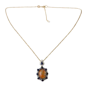 18K Yellow Gold Opal Peach Sapphire Diamond Pendant Necklace