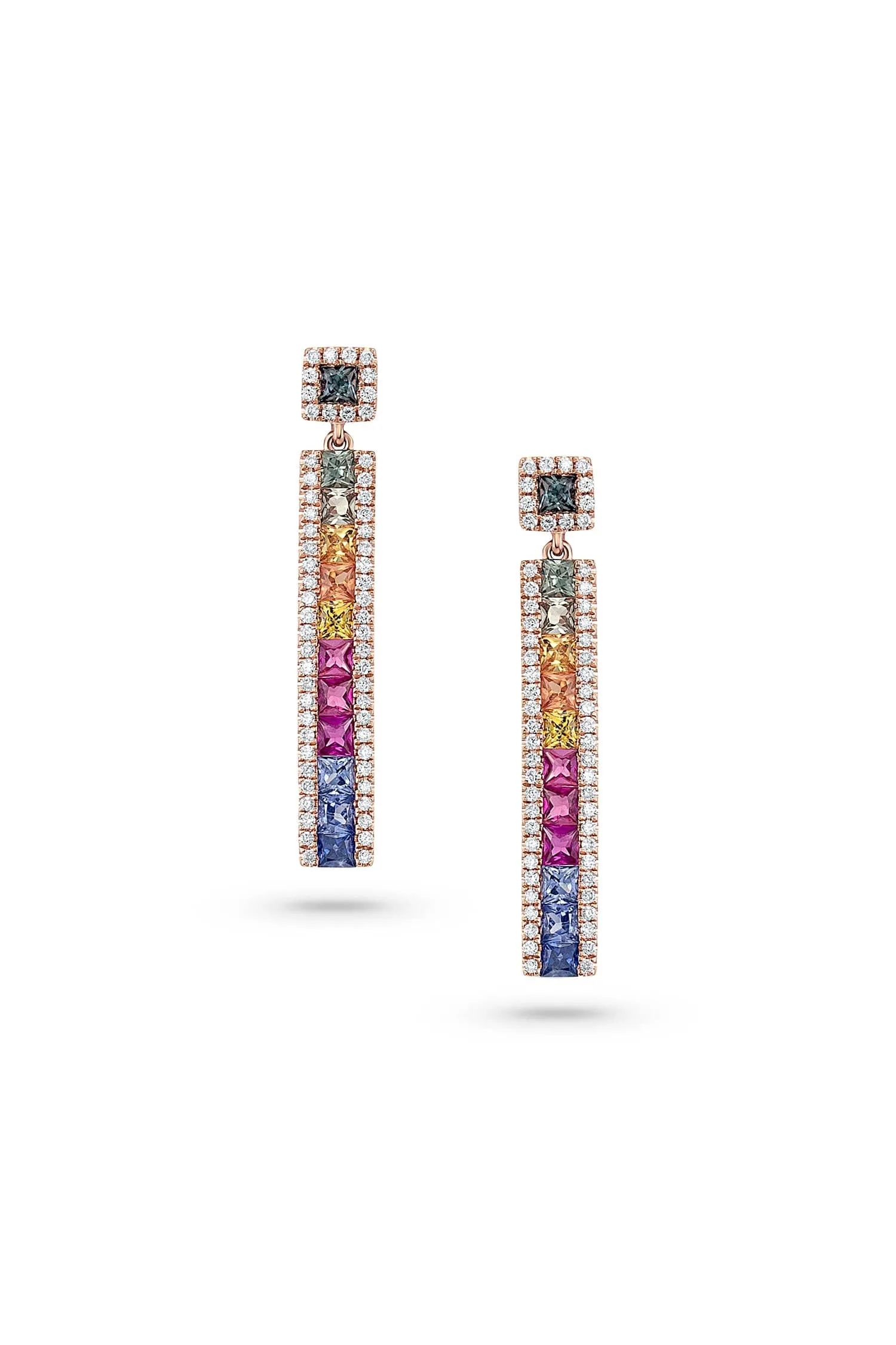 18kt Rose Gold Rainbow Sapphire Rectangular Drop Earrings