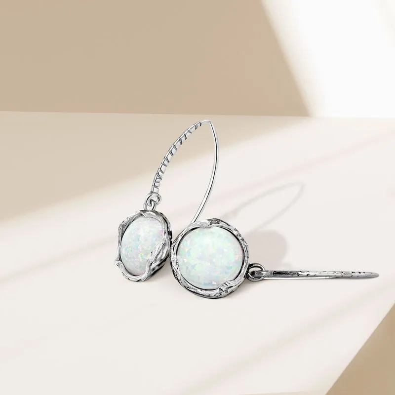 925 Sterling Silver Round White Opal 12mm Dangle Earrings