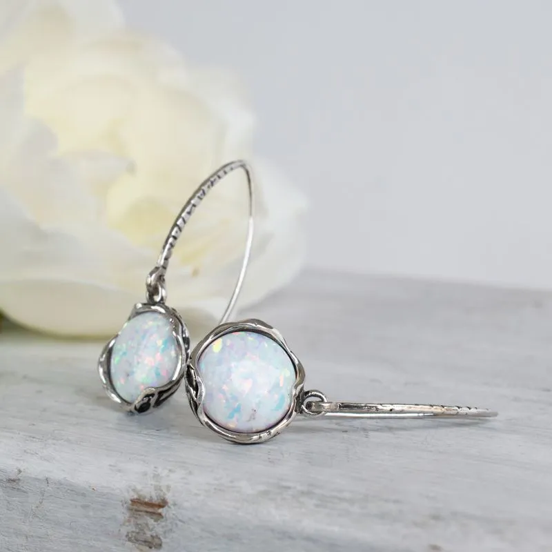 925 Sterling Silver Round White Opal 12mm Dangle Earrings