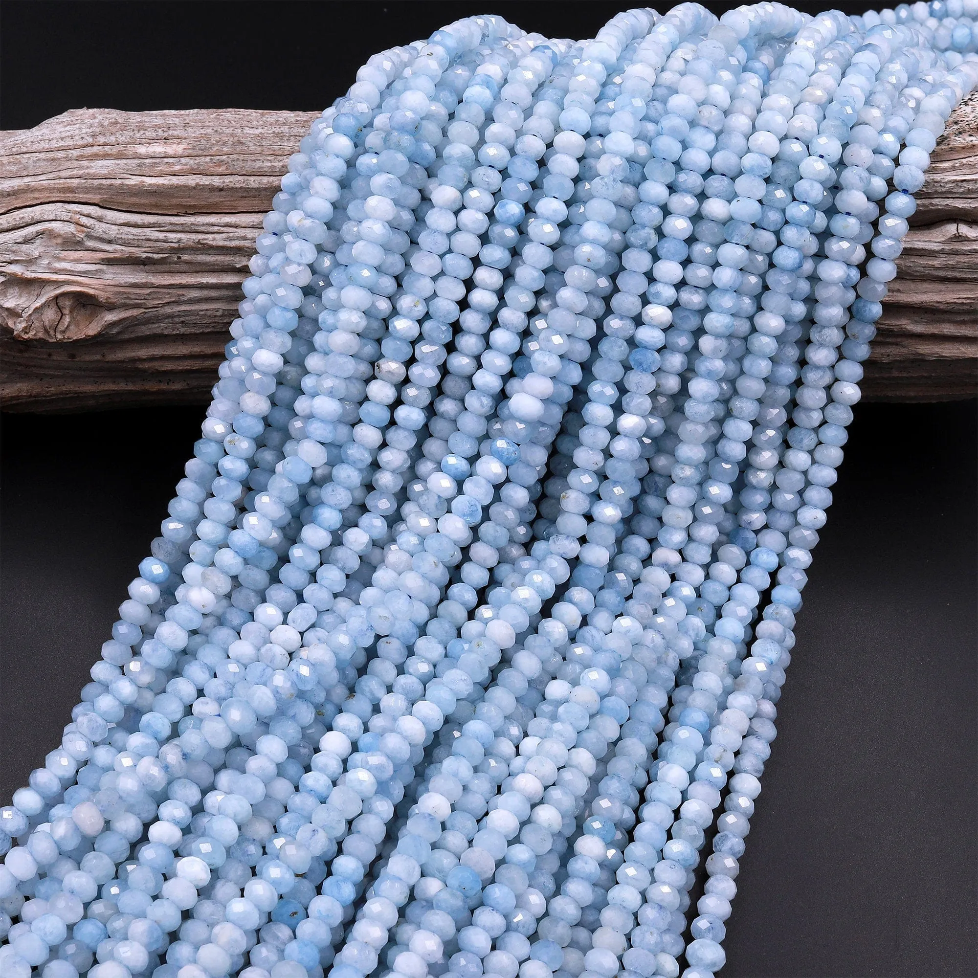 AA Faceted Natural Aquamarine 5mm Rondelle Beads Micro Laser Diamond Cut Real Genuine Gemstone 15.5" Strand