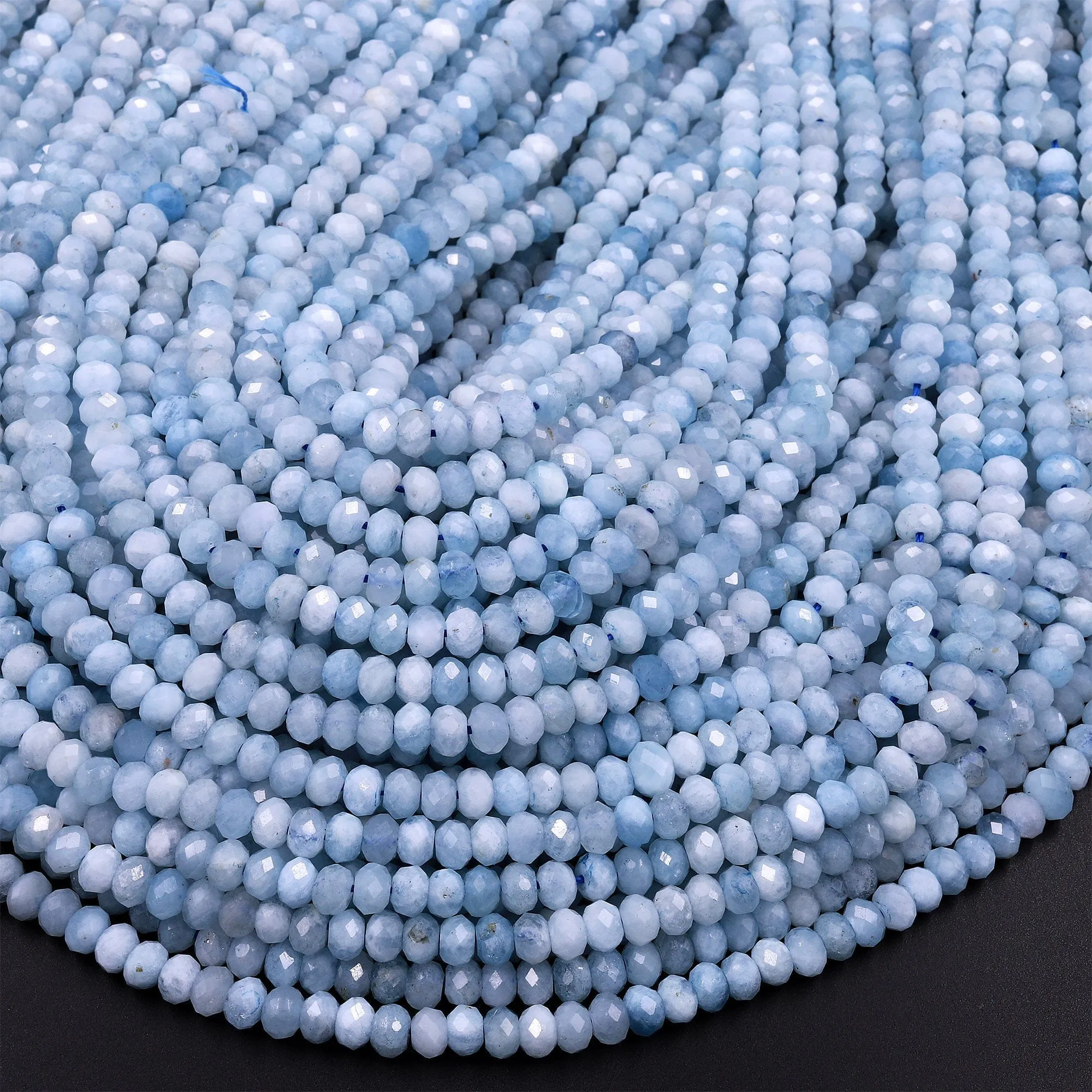 AA Faceted Natural Aquamarine 5mm Rondelle Beads Micro Laser Diamond Cut Real Genuine Gemstone 15.5" Strand