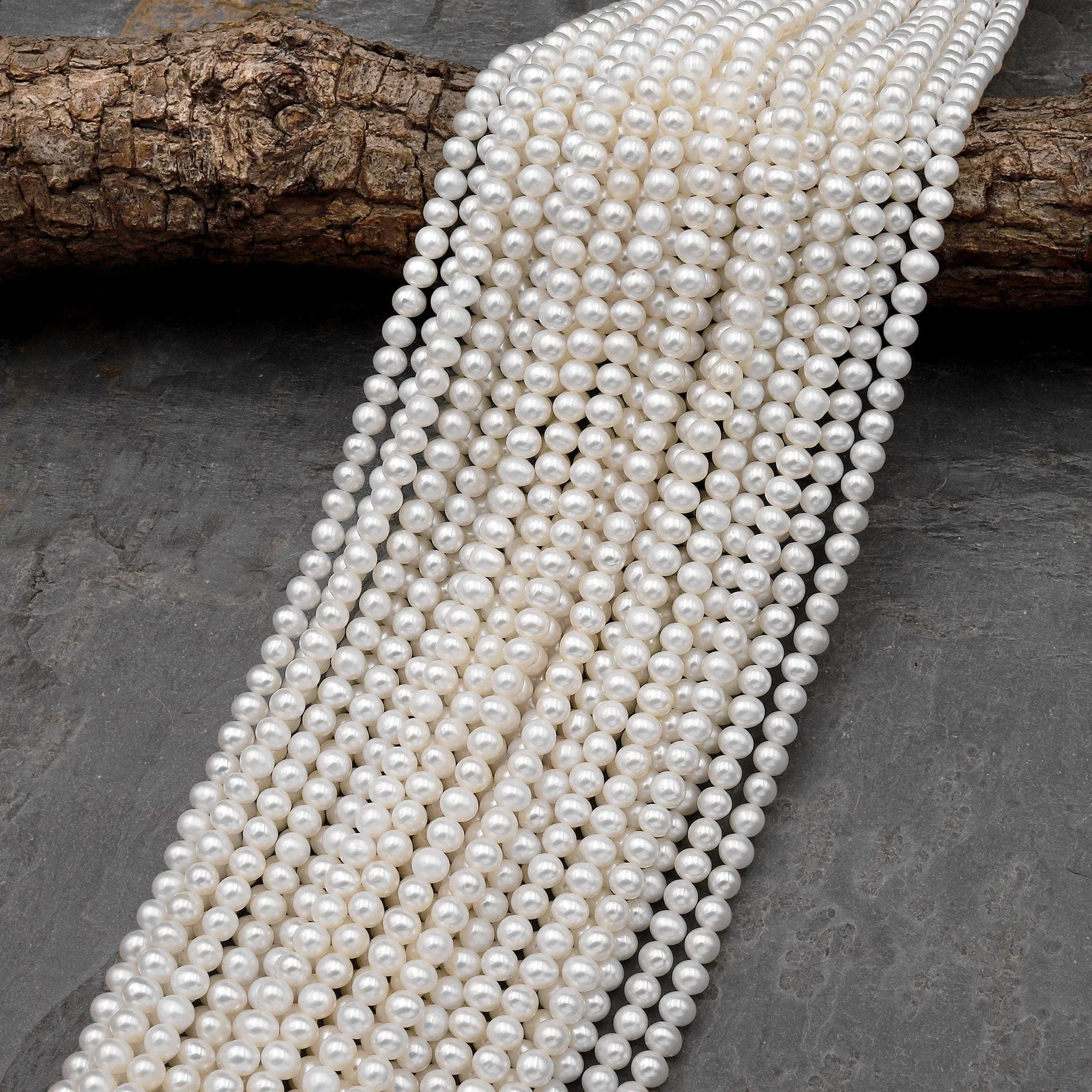 AA Genuine White Freshwater Pearl 5mm 6mm Off Round Pearl Shimmery Iridescent Classic White Pearl 15.5" Strand