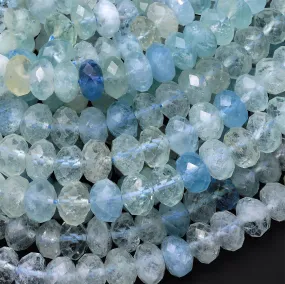 AAA Extra Translucent Large Natural Blue Aquamarine Faceted Rondelle Beads 8mm 10mm 15.5" Strand