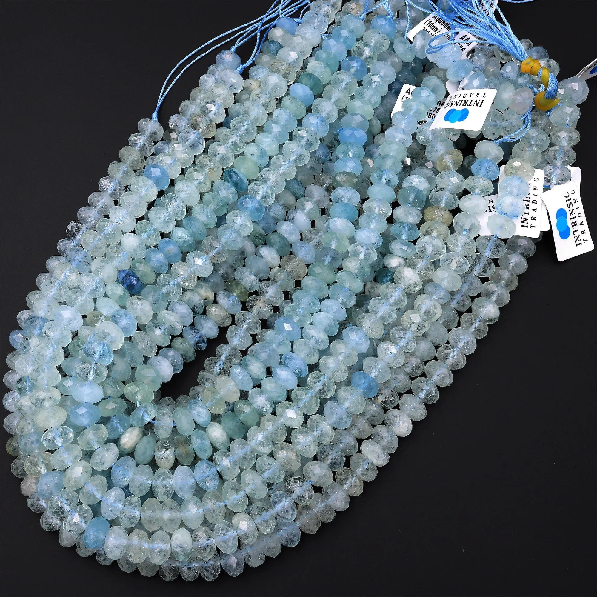 AAA Extra Translucent Large Natural Blue Aquamarine Faceted Rondelle Beads 8mm 10mm 15.5" Strand