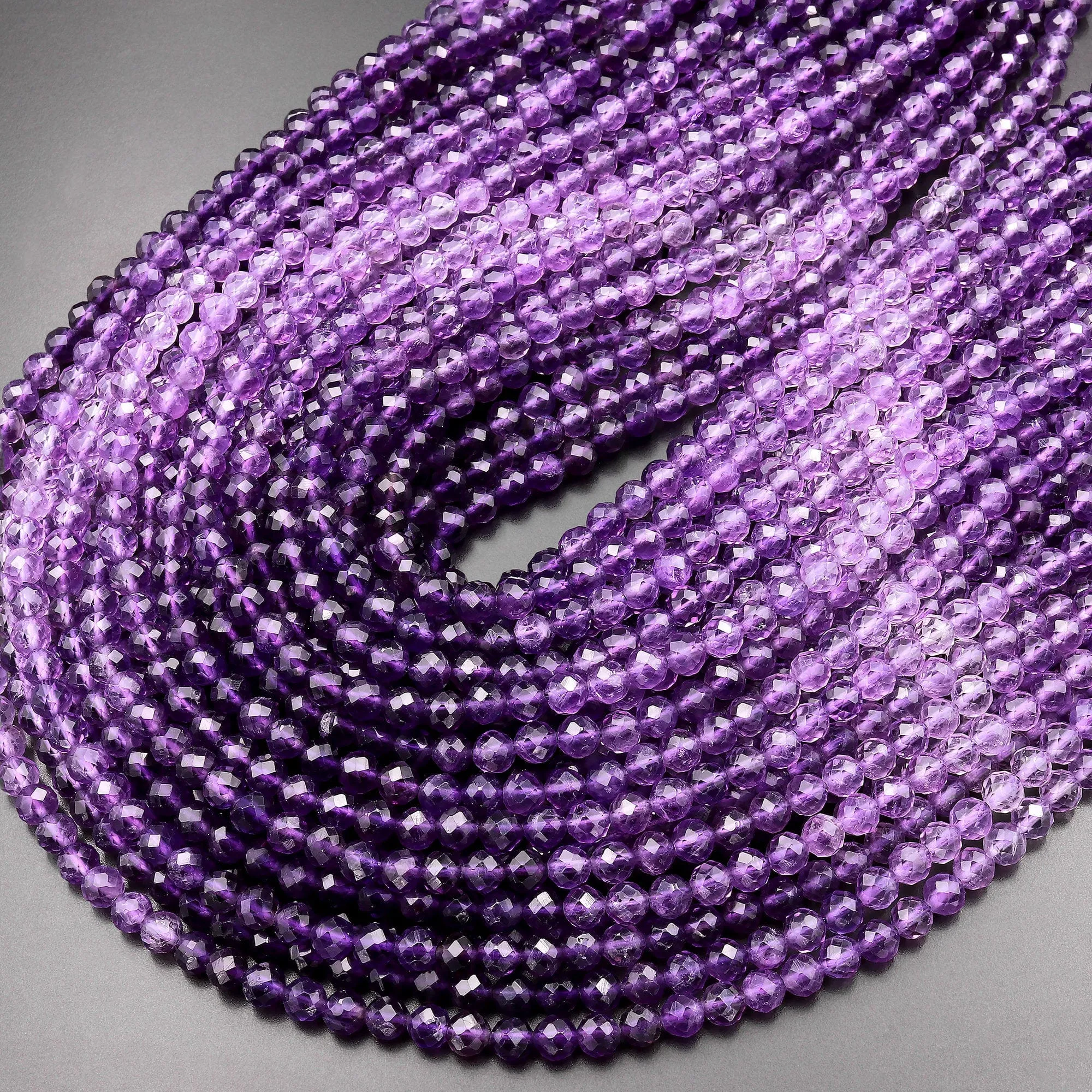 AAA Faceted Natural Amethyst 4mm Round Beads Purple Shaded Ombre 15.5" Strand