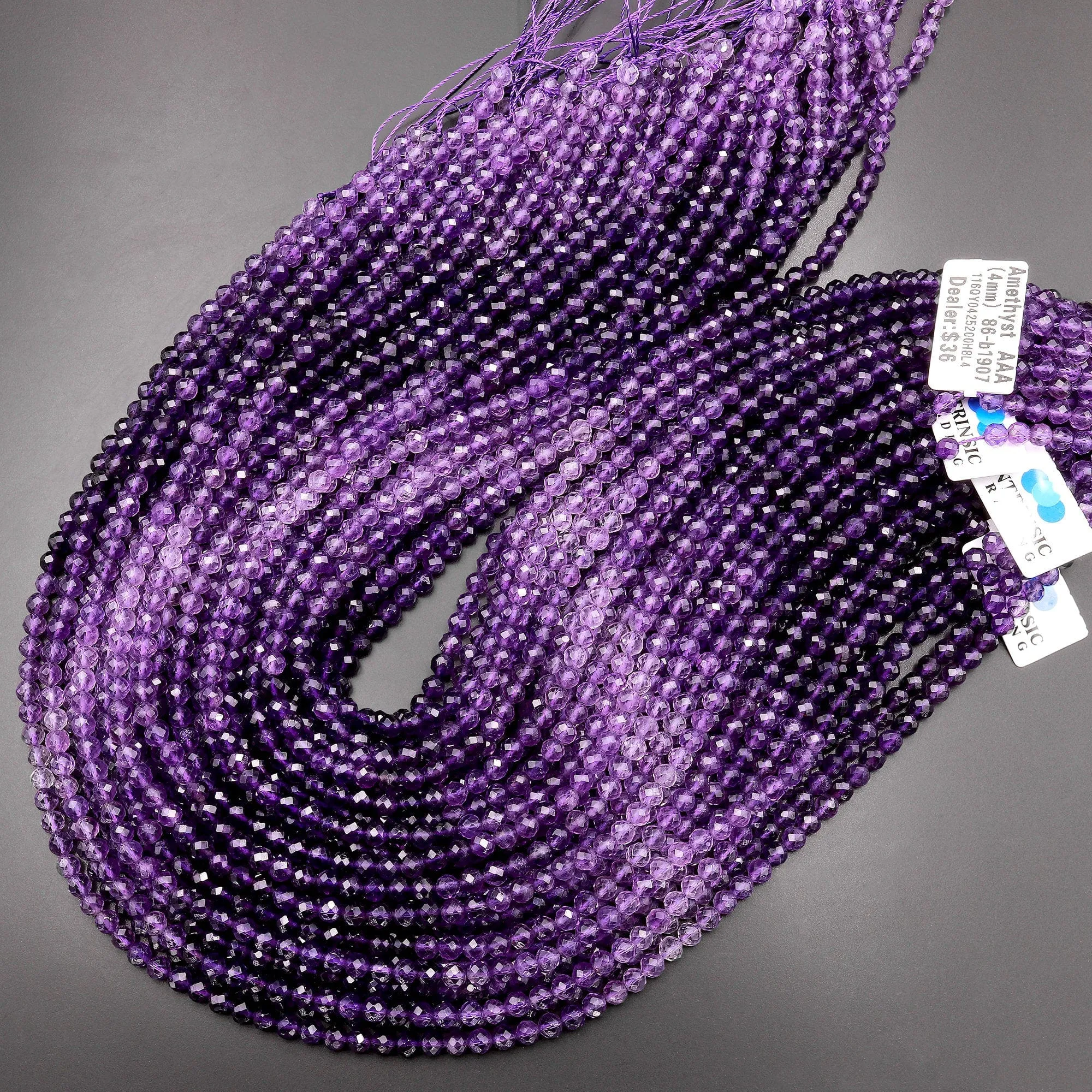 AAA Faceted Natural Amethyst 4mm Round Beads Purple Shaded Ombre 15.5" Strand