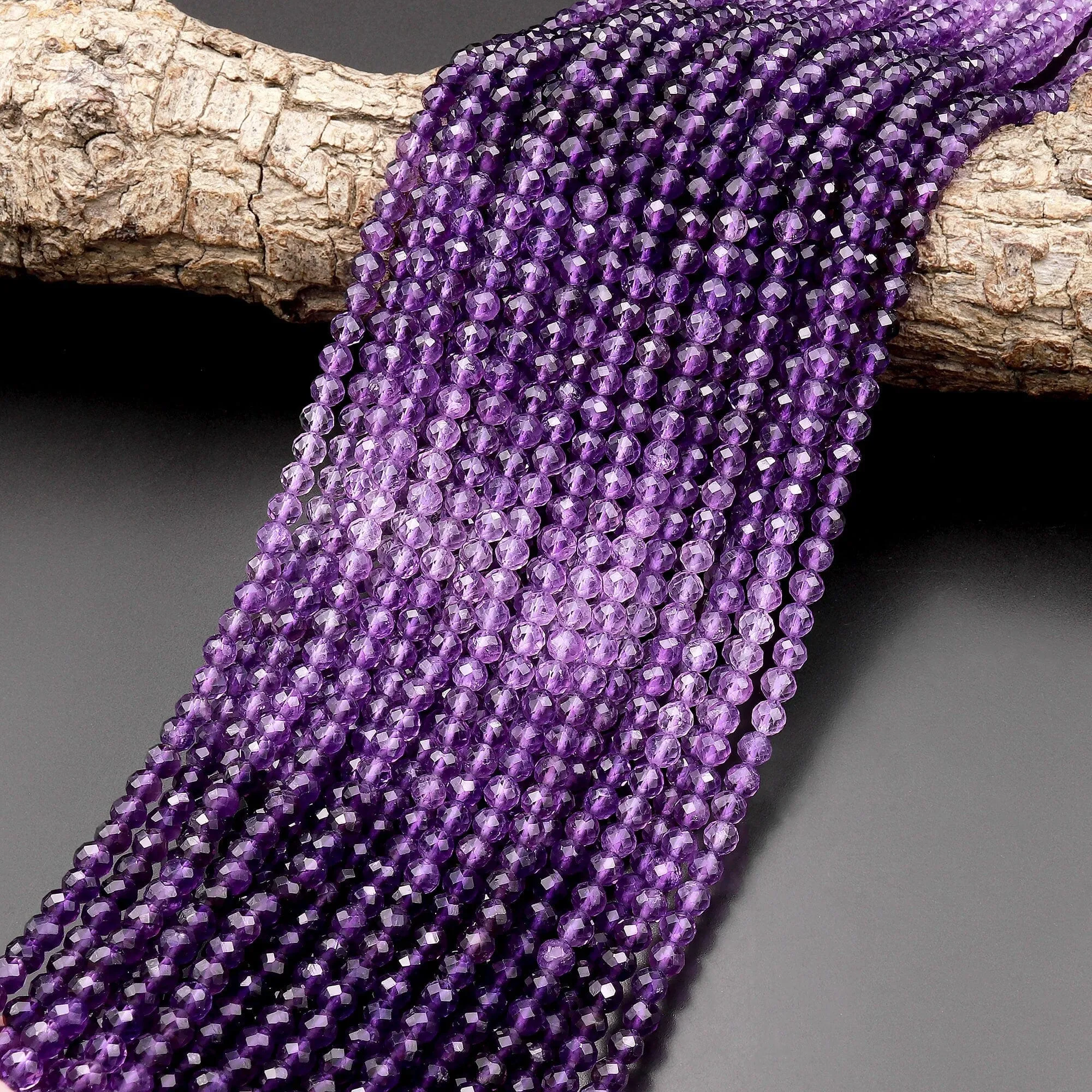 AAA Faceted Natural Amethyst 4mm Round Beads Purple Shaded Ombre 15.5" Strand