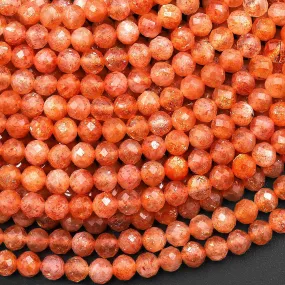 AAA Faceted Natural Fiery Orange Sunstone Round Beads 4mm Sparkling Gemstone 15.5" Strand