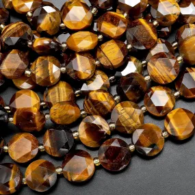 AAA Faceted Natural Golden Brown Tiger's Eye 12mm Coin Beads Gemstone 15.5" Strand