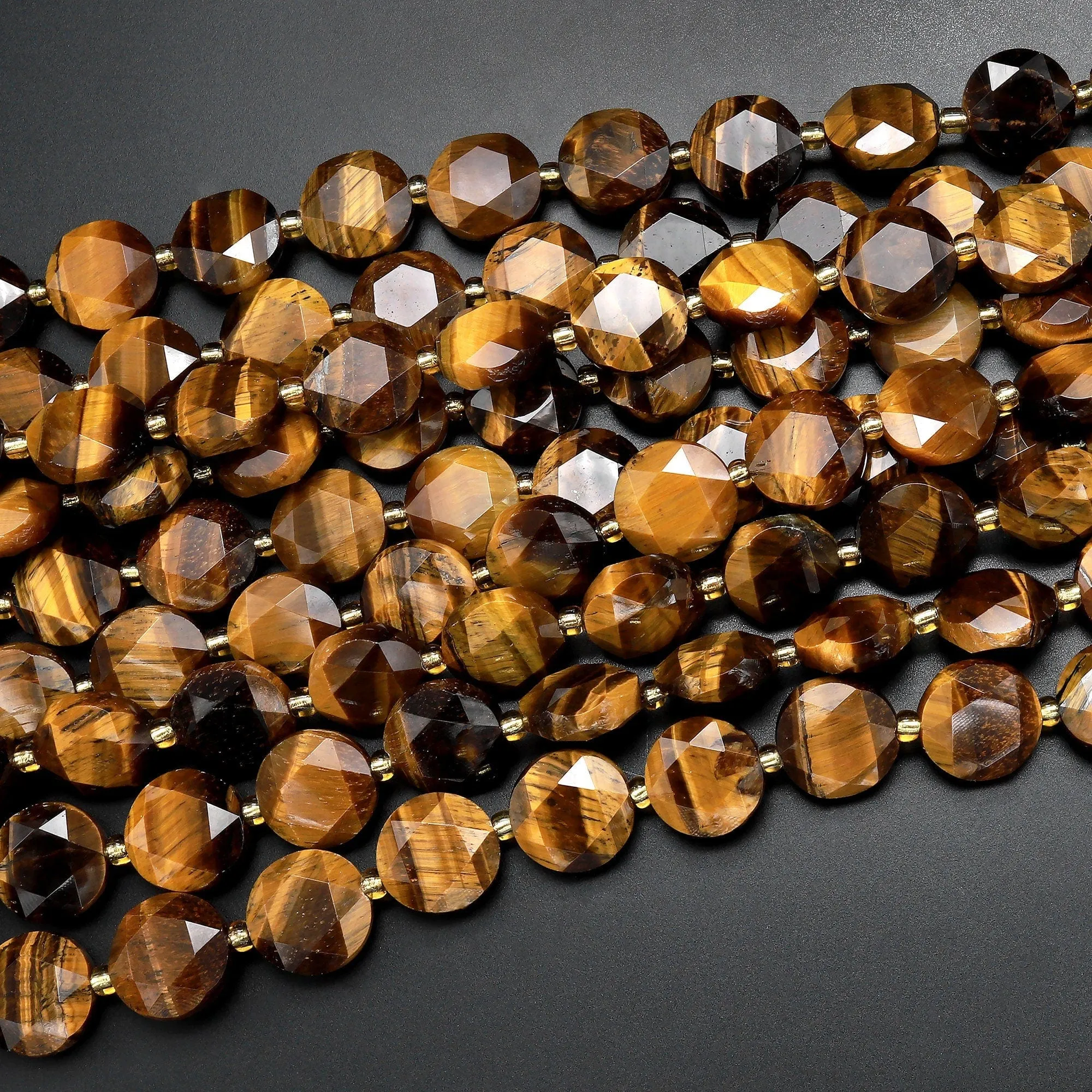 AAA Faceted Natural Golden Brown Tiger's Eye 12mm Coin Beads Gemstone 15.5" Strand