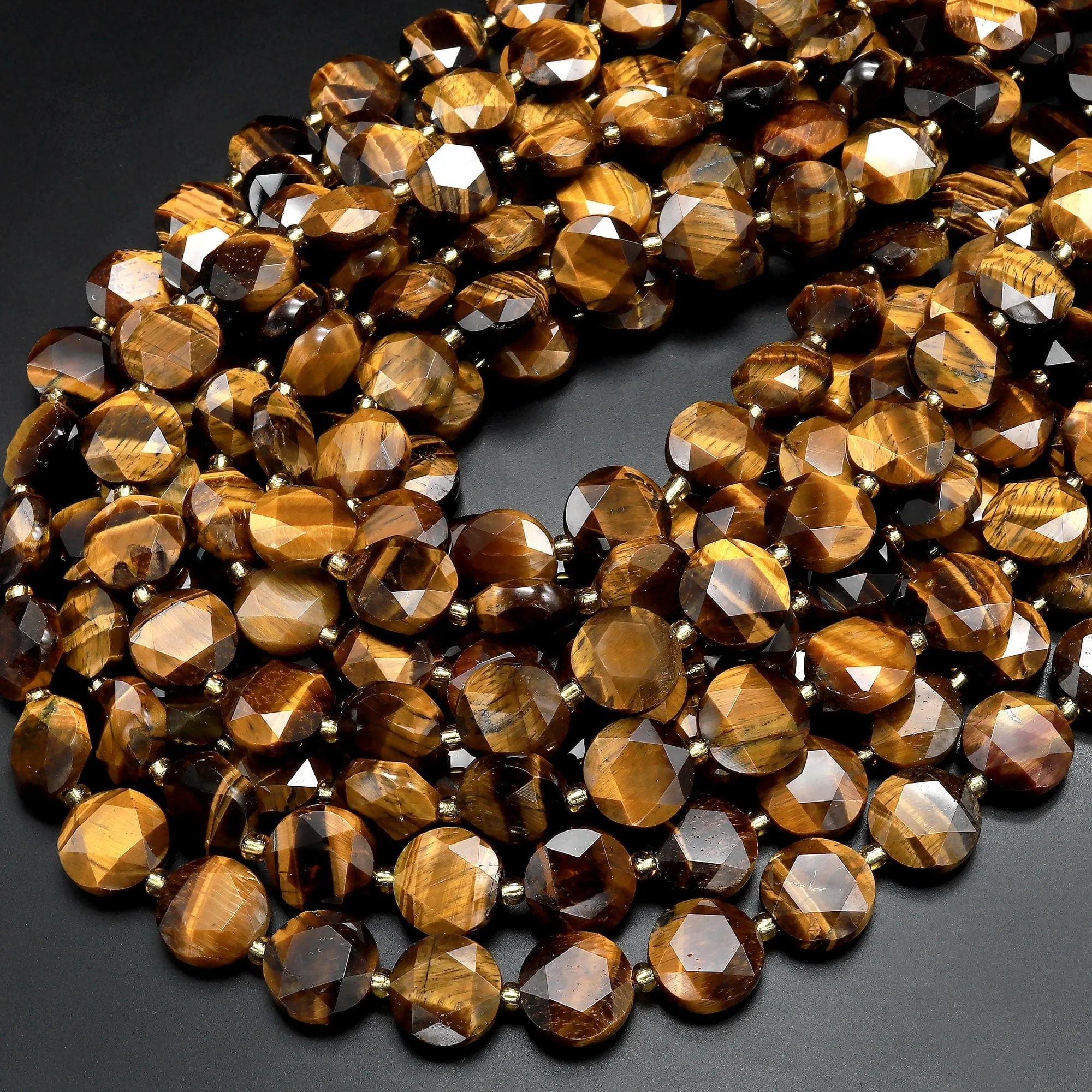 AAA Faceted Natural Golden Brown Tiger's Eye 12mm Coin Beads Gemstone 15.5" Strand