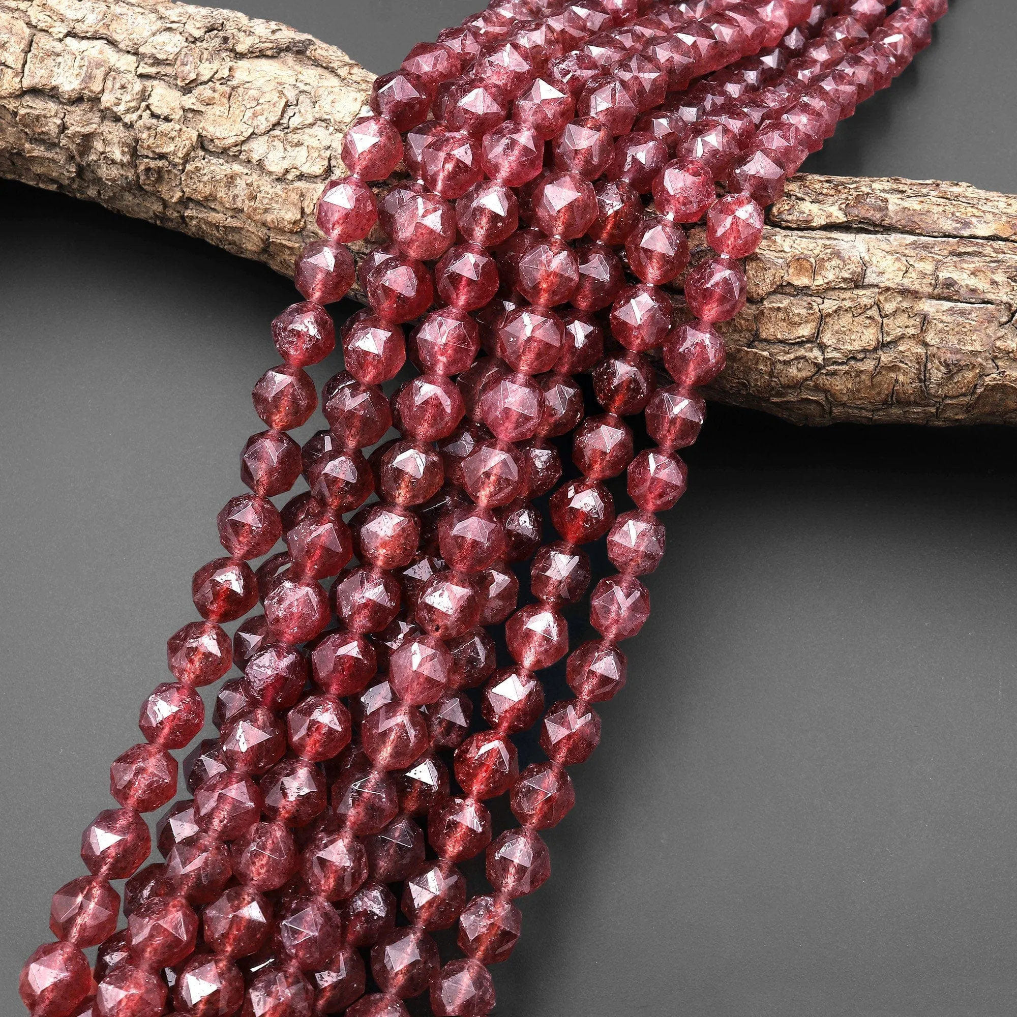 AAA Faceted Natural Red Strawberry Quartz 10mm Rounded Double Hearted Star Cut Beads 15.5" Strand