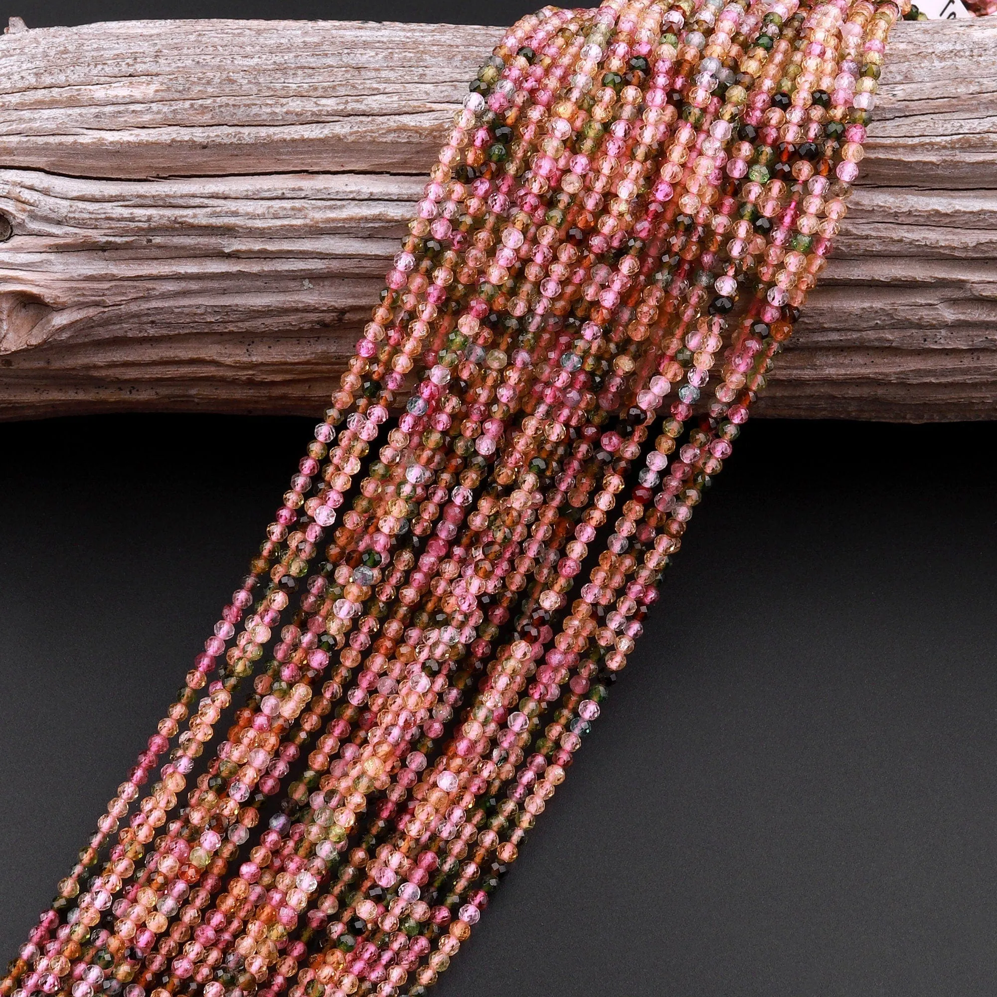 AAA Gem Grade Micro Faceted Natural Multicolor Tourmaline Round Beads 2mm Pink Green Translucent Gemstone 15.5" Strand