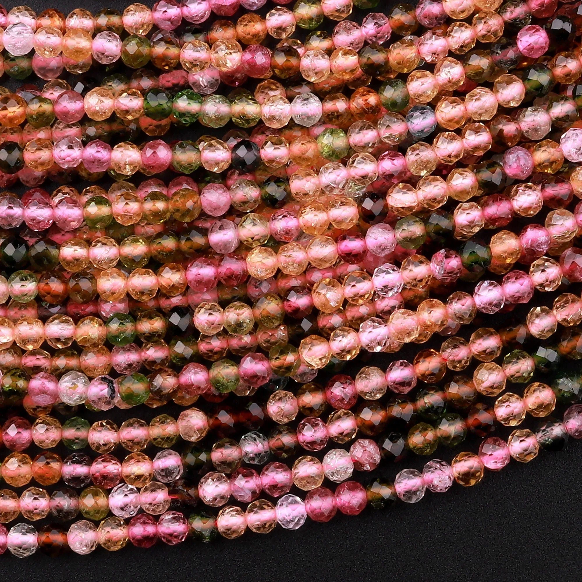 AAA Gem Grade Micro Faceted Natural Multicolor Tourmaline Round Beads 2mm Pink Green Translucent Gemstone 15.5" Strand