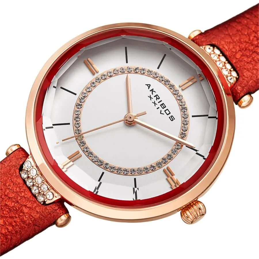 Akribos Xxiv Quartz White Dial Red Leather Ladies Watch AK1116RD