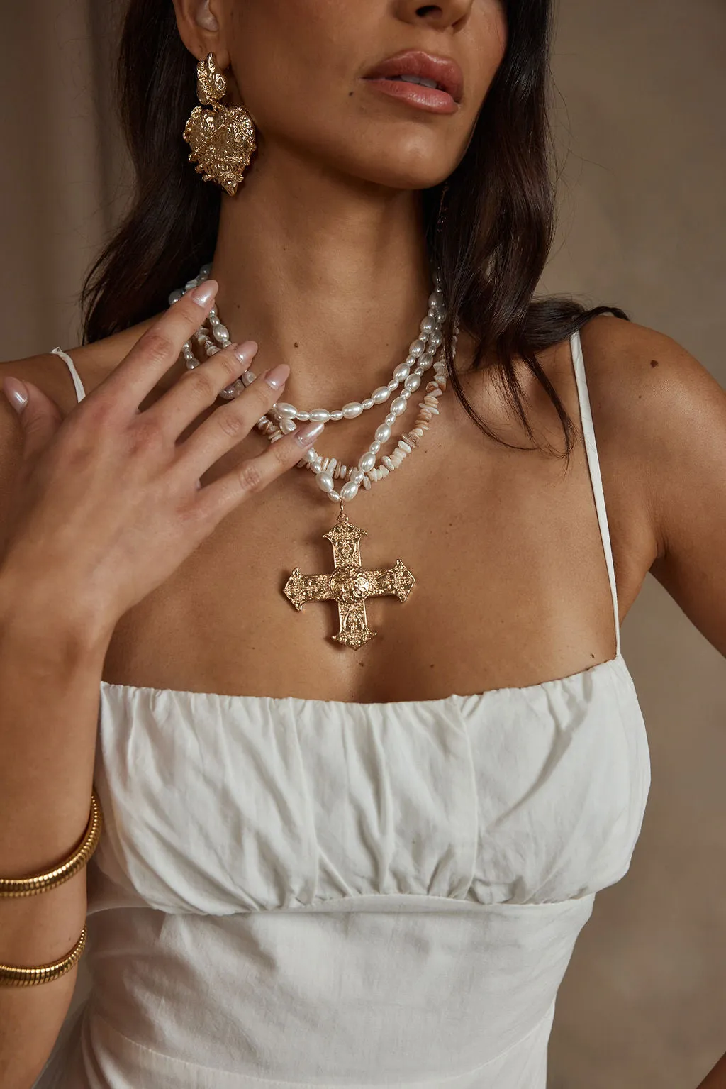 Angelica Gold Pearl Cross Statement Necklace