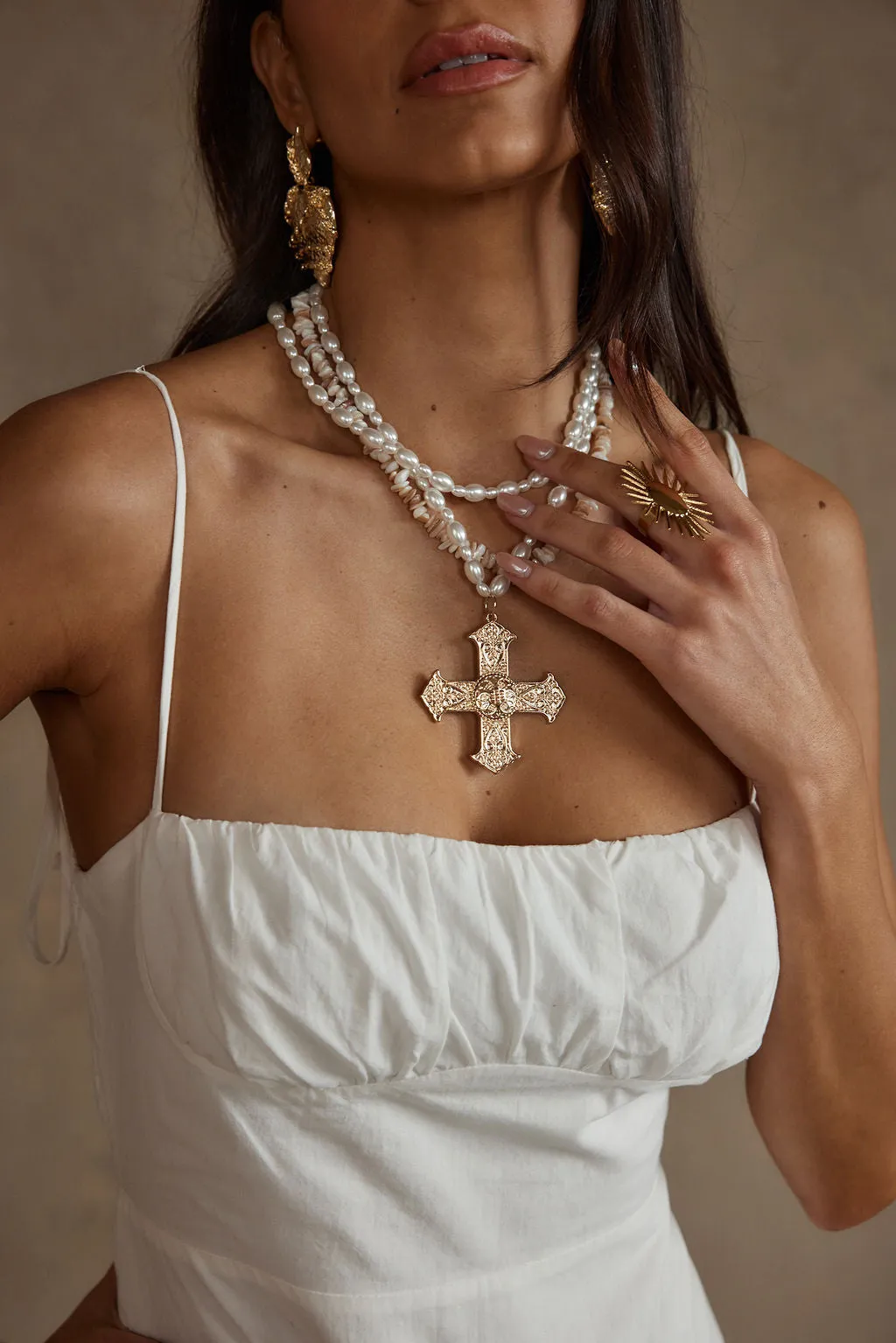 Angelica Gold Pearl Cross Statement Necklace