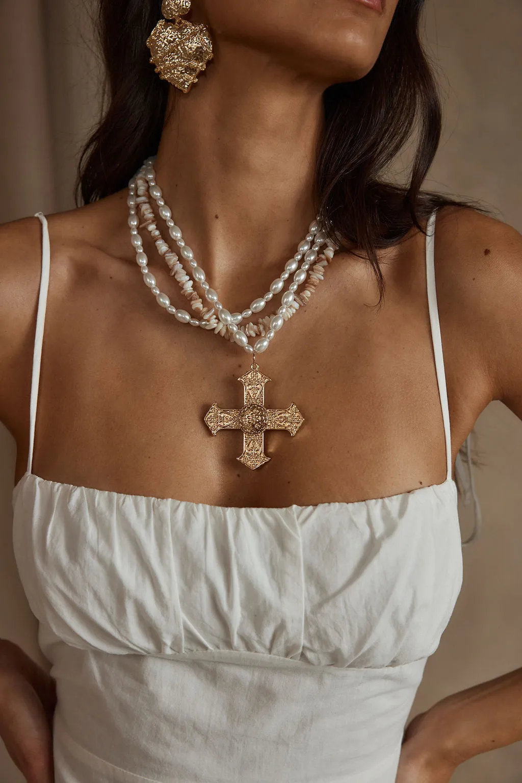 Angelica Gold Pearl Cross Statement Necklace